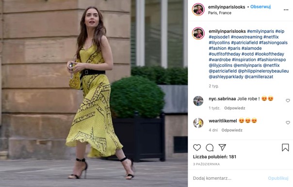 Stylizacja z żółtą sukienką - serial Emily w Paryżu
