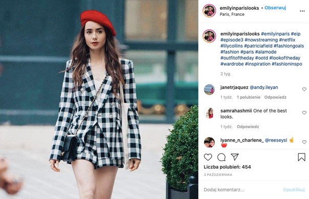 Stylizacja z czerwonym beretem - serial Emily w Paryżu