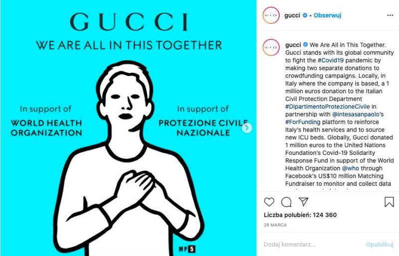Gucci przekazał darowiznę WHO na walkę z koronawirusem