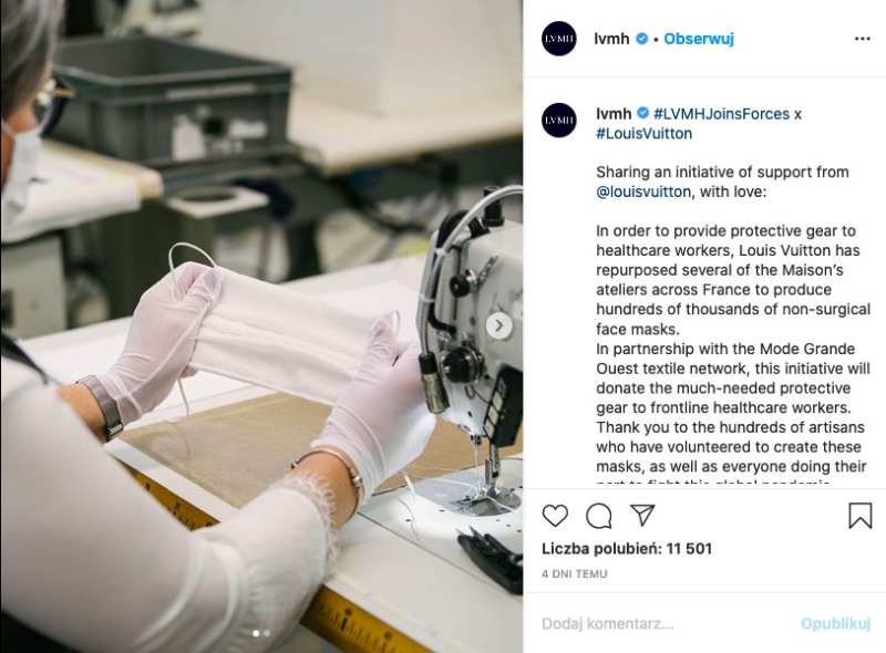 Fabryki Louis Vuitton szyją maseczki w czasach koronawirusa
